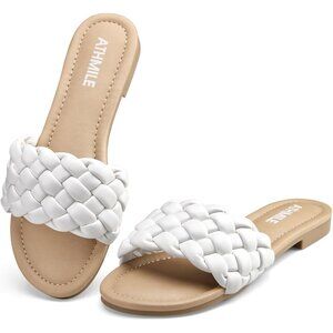 Women's White Brown Round Open Toe Slide Summer Beach Flat Sandals Shoes